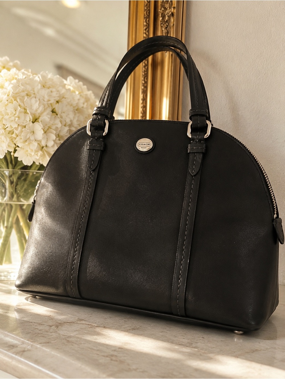 Coach Black Leather Dome Satchel Large Structured Tote Bag
